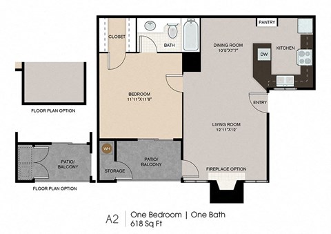 Floor plan for 1 bed, 1 bath, 618 sqft